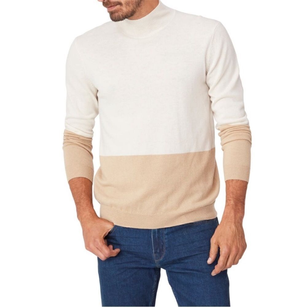 NWOT Paige Wayne Wool & Alpaca Two-Tone Ivory Brown Mock Neck Sweater